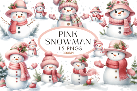 Charming Pink Snowman Watercolour Clipart for Holiday Designs
