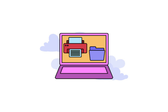 Cute Icon Laptop Printer Color Outline: A Design Asset