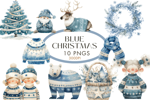 Elevate Your Holiday Designs with Blue Christmas Watercolour Clipart